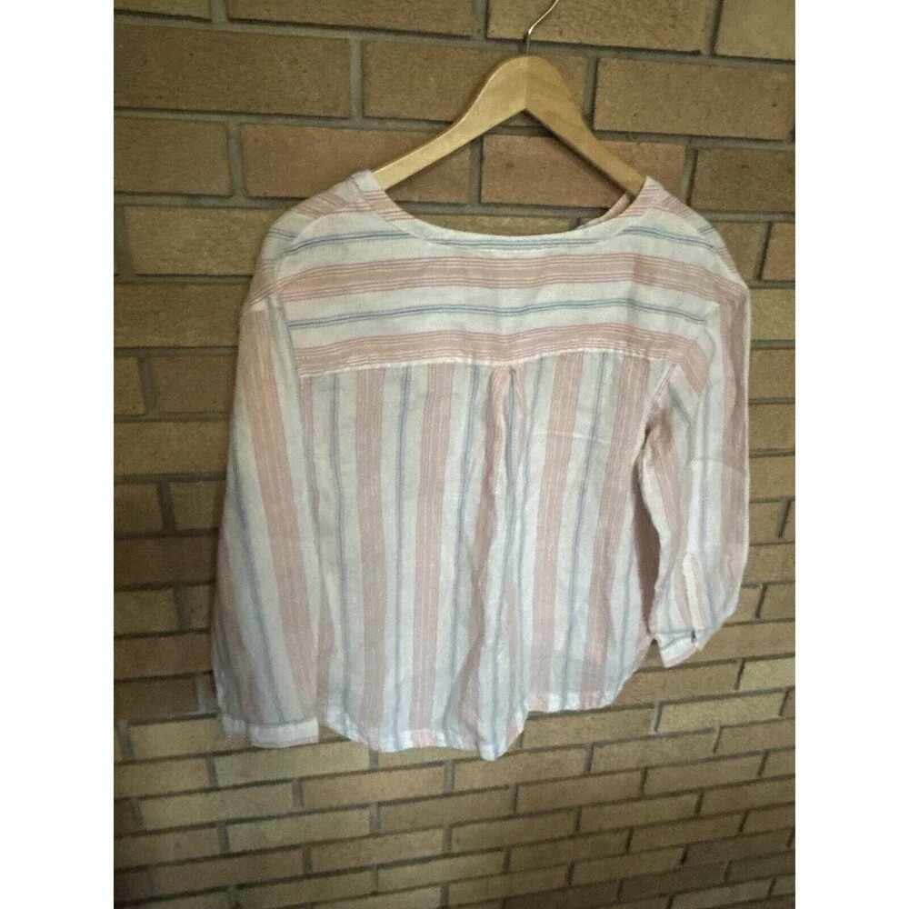 NWT L.L. Bean Women's Premium Linen Shirt Splitneck Stripe Sunrise Pink - Picture 8 of 8